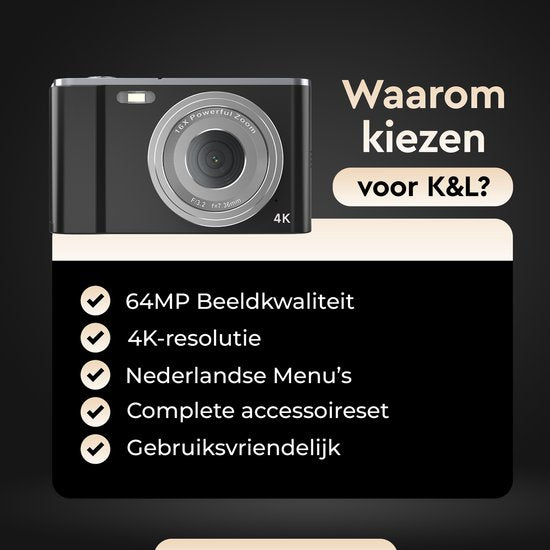 K&L Digital Camera 4K - 64MP - Caméra - Caméra compacte - Caméra Vlog - Pour les enfants - Comprend 64GB - NL Software