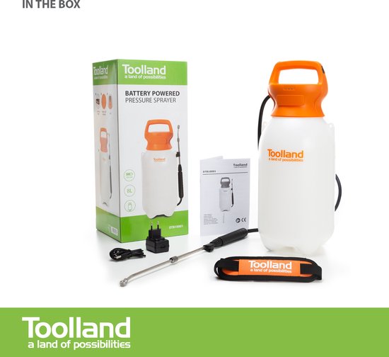 Toolland Pulvérisateur à pression, électrique, batterie rechargeable, lance télescopique, tête de pulvérisation réglable, bandoulière, 8 litres, blanc/orange/noir