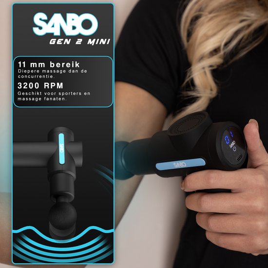 Sanbo Massage Gun Mini Gen 2 - Avec 5 accessoires et 6 étapes - Appareil de massage sportif et relaxant - Pistolet de massage - Professionnel - Noir