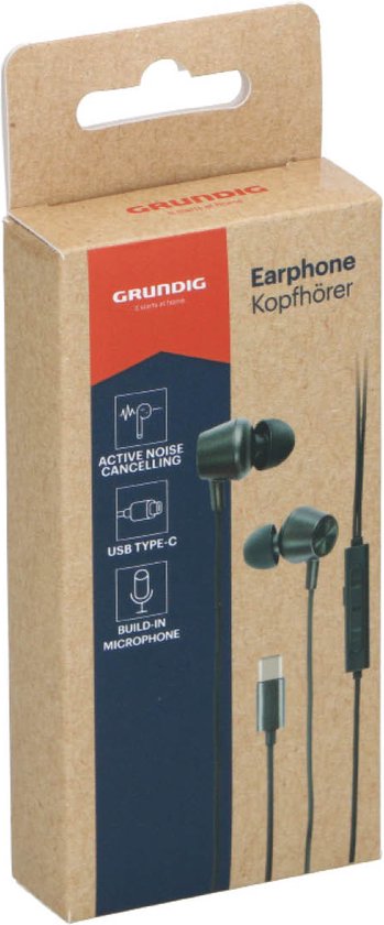 Grundig Earbuds with wire USB C - In-Ear Earbuds with Wire 120cm - Earbuds with Microphone - Adapté à iPhone, Samsung et Tablet - Active Noise Cancellation - Black