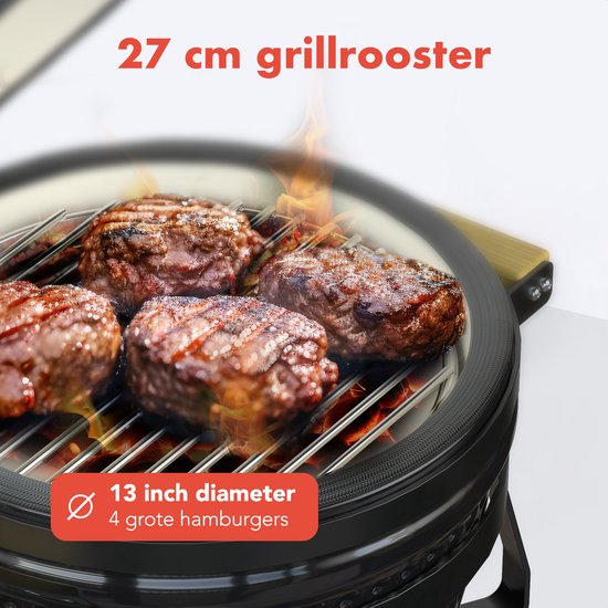 KitchenBrothers Kamado BBQ - 13 Inch Charcoal Barbecue - 27⌀ cm - Deluxe Set - Egg BBQ with Accessories including Cover - Noir