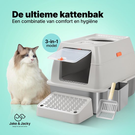 Jake and Jacky Stainless Steel Litter Box Hop In - Toilette pour chat en acier inoxydable - avec pelle à litière et support et marche de ramassage des gravillons - entrée par le haut - bac à litière ouvert 3 en 1 avec couvercle amovible - 60x40x38cm