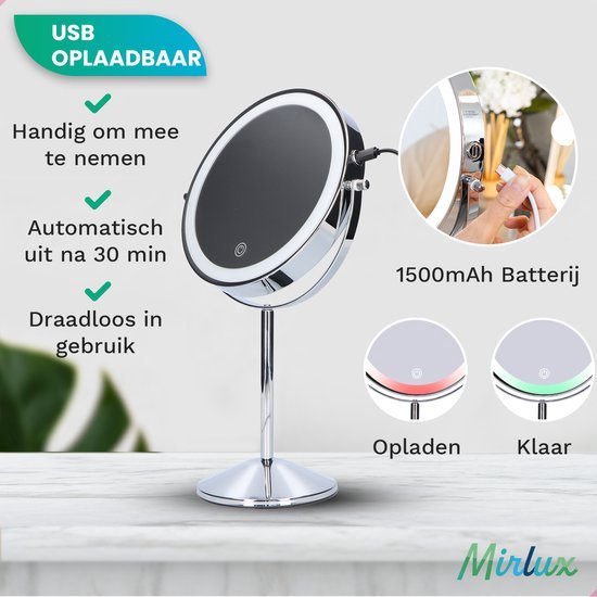 Mirlux Miroir de maquillage avec éclairage LED - lumière grossissante 10x - miroir de rasage petit sur pied - 3 niveaux d'éclairage - rechargeable - miroir grossissant chromé