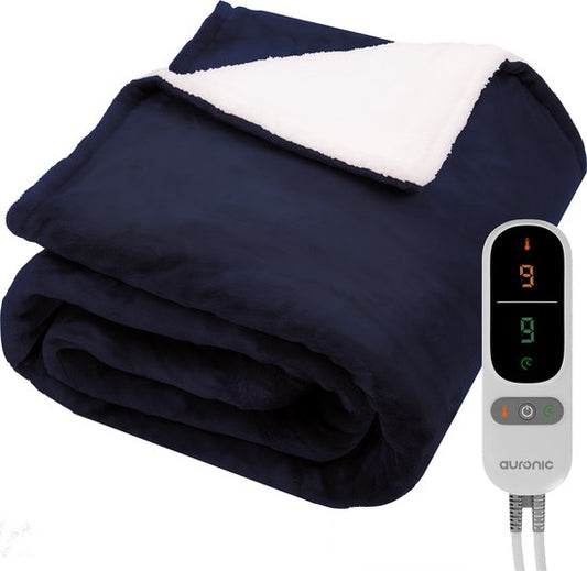 Couverture électrique Auronic - Couverture chauffante - Polaire Sherpa - 9 niveaux de chaleur et minuterie - Couverture - 200x180 - 2 personnes - Bleu