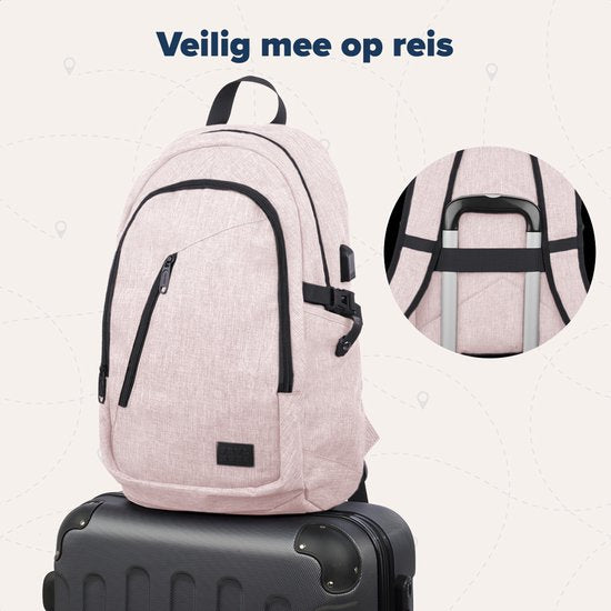 TRVLMORE Sac à dos - 25L - 15.6 Inch - Sac à dos pour ordinateur portable avec USB - Cartable - Homme et Femme - Sac Rose