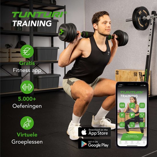 Ensemble d'haltères Tunturi et haltères Vinyl 20 kg - Ensemble d'haltères avec Kettlebell et Barbell - Supports de pompes - Fermeture à vis 30 mm - Poignée antidérapante