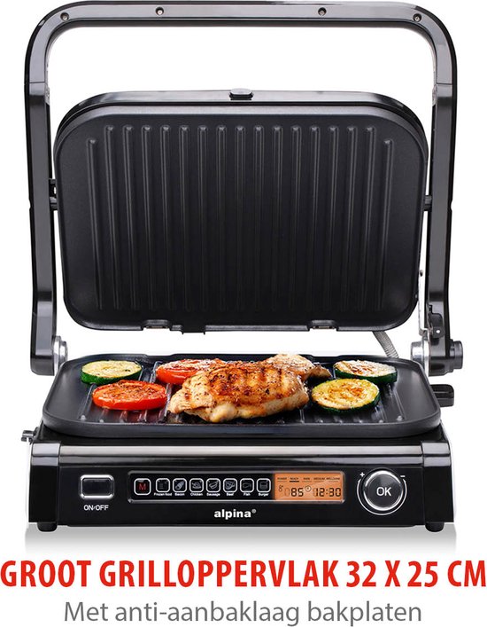 alpina Contact Grill 2100W - Appareil à sandwich avec 7 supports de gril - Gril de table avec plaques amovibles - Gril à panini 37,6 x 33,1 cm - Revêtement antiadhésif - acier inoxydable/Aluminium