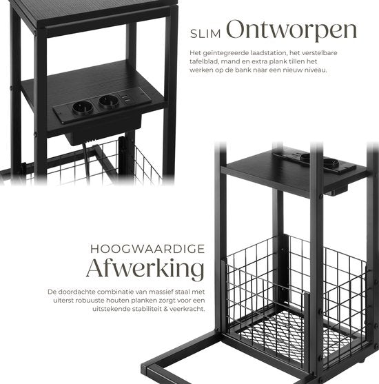 tectake® Table pour ordinateur portable avec station de charge - Prise de courant incluse - Table pour ordinateur en forme de C - Table d'appoint - Table de chevet - Avec porte-journaux et étagère supplémentaire - Noir