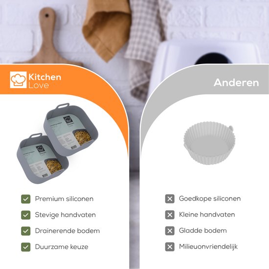 KitchenLove Plateaux pour friteuse en silicone XL - 2 pièces - carrés - alternative au papier sulfurisé - accessoires - sans BPA - 20CM