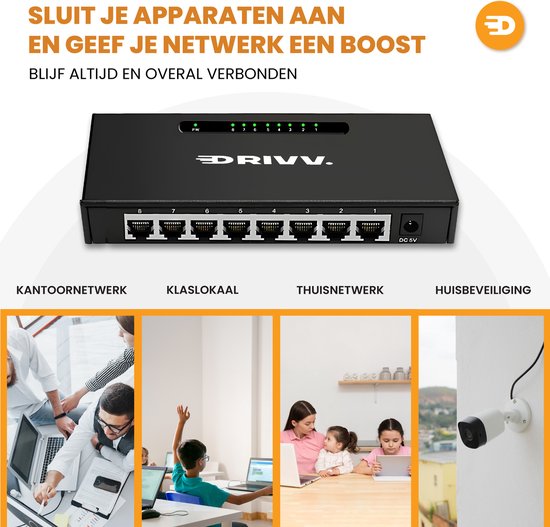 Drivv. Commutateur réseau - 8 ports - Commutateur Internet - Répartiteur RJ45 - noir