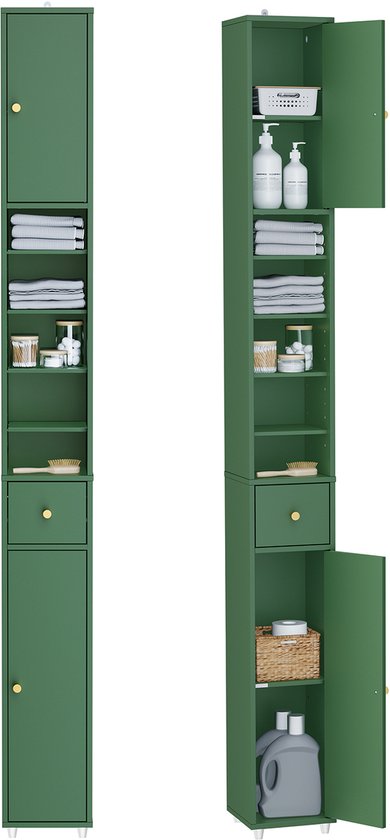 SoBuy BZR34-II-SY Meuble de salle de bain haut - Meuble de rangement étroit avec tiroir et étagères réglables - Meuble colonne salle de bain - Vert foncé, 20x20x180cm
