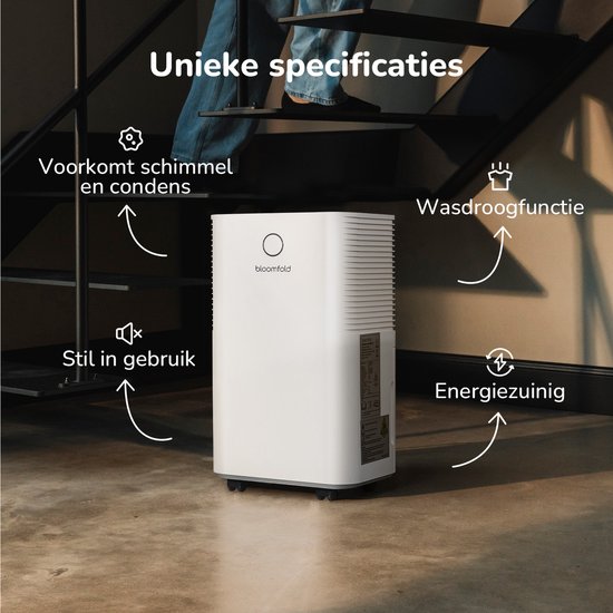 Déshumidificateur Bloomfold - 12L par jour - Fonction Lavage-Séchage incluse - Convient pour le salon, la chambre, la cave et la salle de bain - Déshumidificateur - Blanc