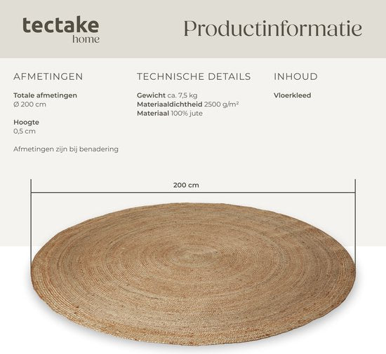 tectake® Tapis tissé à la main - Tapis durable et facile d'entretien - Rond - Jute naturel - Disponible en différentes tailles - Naturel - Ø 200 cm