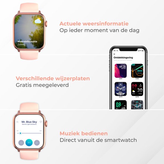 Nuvance - Smartwatch Homme et Femme avec Bluetooth - 45mm - Convient à tous les Smartphones - Podomètre et moniteur de fréquence cardiaque - Étanche - Rose clair
