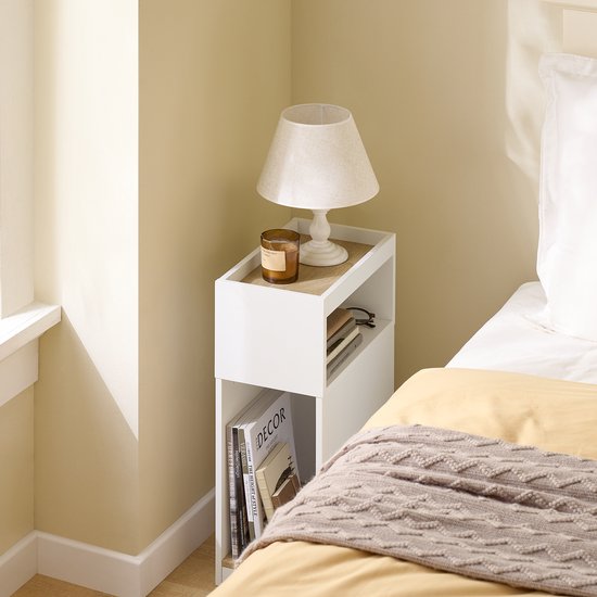 SoBuy Table de nuit étroite avec tiroir et étagère ouverte - 25 x 35 x 60 cm - Design peu encombrant - MDF - Style scandinave - Couleur bois