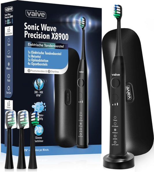 Brosse à dents électrique Vaive Sonic Wave Precision X8900 - 48000 VPM - 5 modes, 3 niveaux - 4 têtes de brossage et étui de voyage