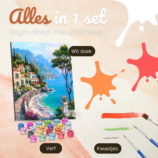 Rubye® Painting By Number Adults - Spanish Coast - With Brushes - Canvas Painting Canvas - Colours by Number - 40x50cm