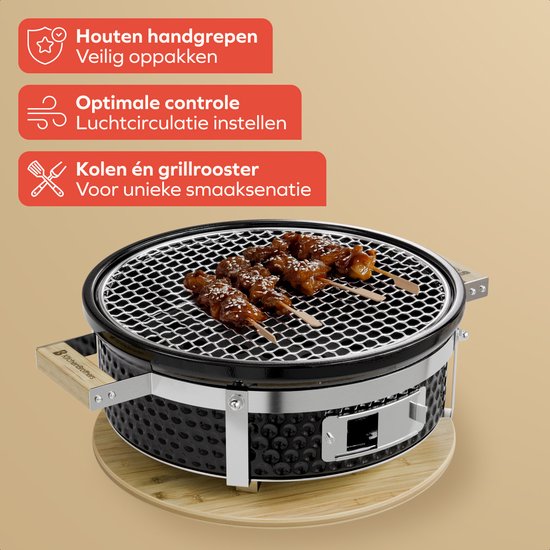 KitchenBrothers Kamado Hibachi Grill - Sans PFAS - Barbecue au charbon de bois - Shichirin Table Grill - Round BBQ - Barbecue en céramique - Noir