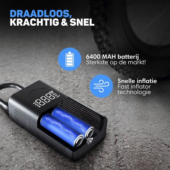 Vulpes Goods® Tech - Pompe à pneu portable à compresseur - 6400mAh - Pompe électrique pour vélo - Compresseur d'air pour voiture, scooter, vélo, ballon et lit pneumatique - 7 accessoires inclus - Lampe de poche - Powerbank - Mallette de voyage - PRO
