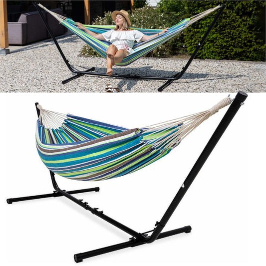 Vita5 Hamac avec support - 2 personnes - longueur réglable - sac de transport inclus - poids 205 kg - bleu/vert