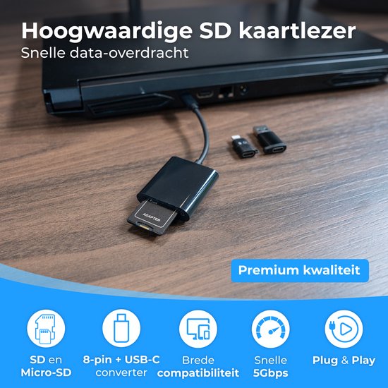 Nuvance SD Card Reader - Lecteur de cartes SD USB C - Lecteur de cartes - Convertisseurs Usb & 8-Pin inclus - Lecteur de cartes mémoire Micro SD - Noir