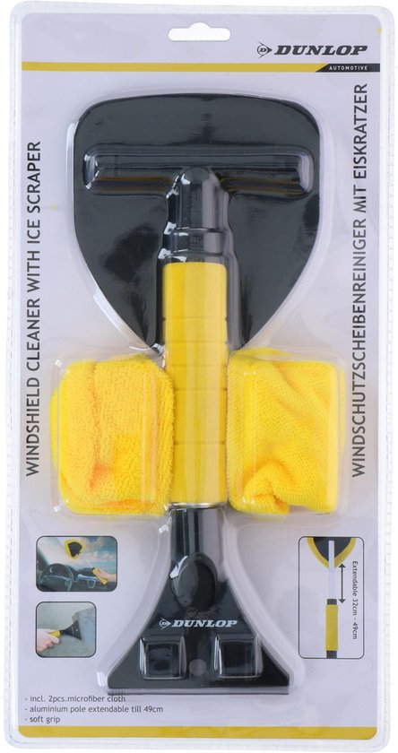 Dunlop Ice Scraper with Trigger - Telescopic Pole 32 to 49 CM - Soft Grip - Including 2 Microfibre Wipes