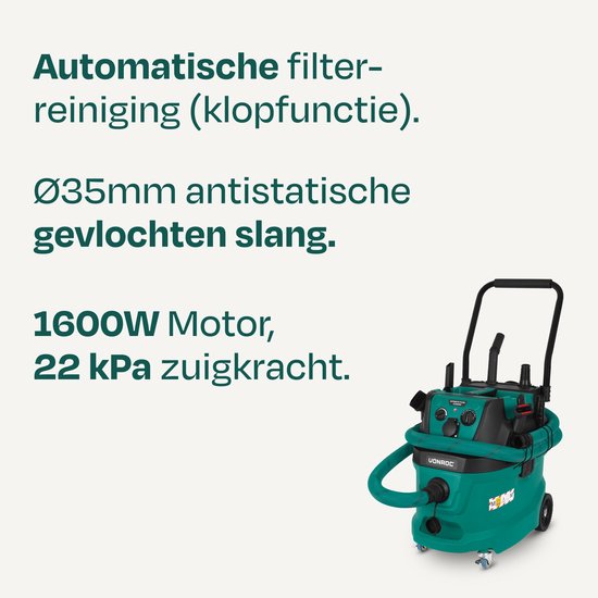 Aspirateur eau et poussière VONROC construction - Classe M - 1600W - 22kPa - Nettoyage automatique du filtre (fonction knock) - HEPA H14 - Réservoir 40L - Tuyau antistatique Ø35 mm