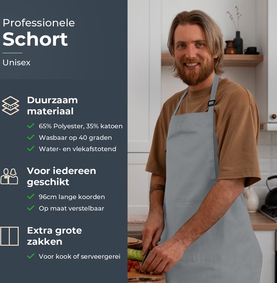 Tablier de cuisine - Résistant à l'eau et à la saleté - Tablier de cuisine professionnel - Tablier pour femmes et hommes - Tablier de traiteur - Unisexe - Boucle réglable - Compartiments extra-larges - Gris clair