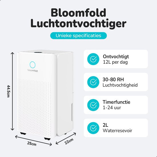 Déshumidificateur Bloomfold - 12L par jour - Fonction Lavage-Séchage incluse - Convient pour le salon, la chambre, la cave et la salle de bain - Déshumidificateur - Blanc