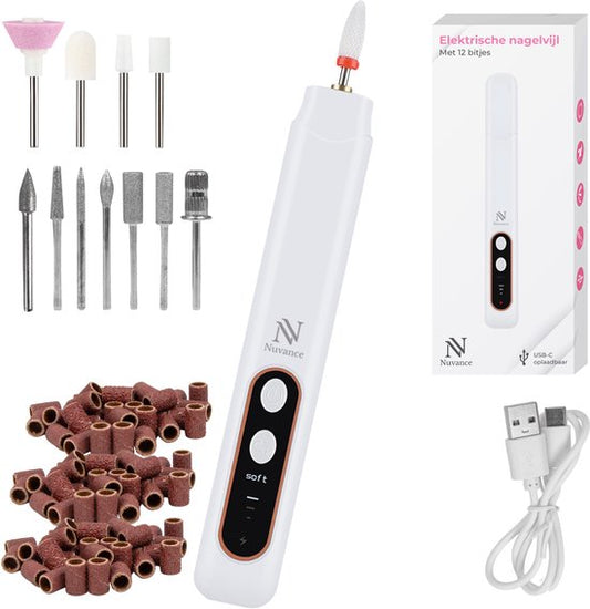Nuvance Lime à ongles électrique - 15000 RPM - Moulin à ongles - 12 embouts - 40 rouleaux de ponçage - Set Manucure & Pédicure