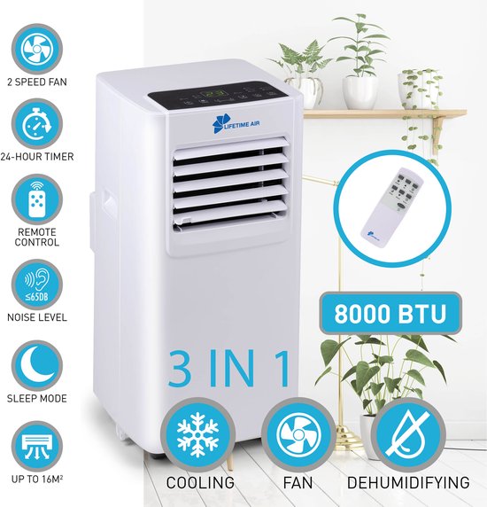 Lifetime Air Mobile Air Conditioner - Climatiseur, déshumidificateur et ventilateur - Refroidisseur d'air avec tuyau de vidange - Refroidisseur d'air 65dB - Climatiseur jusqu'à 16m2 - Télécommande et minuterie - 8000BTU