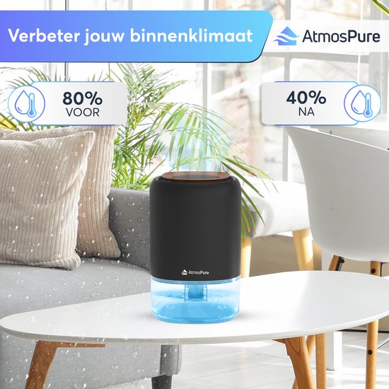 Déshumidificateur AtmosPure® AirDry Compact - Déshumidifie 500 ml par jour - Extrêmement silencieux - LED RGB - Purificateur d'air pour le salon, la chambre et la salle de bain