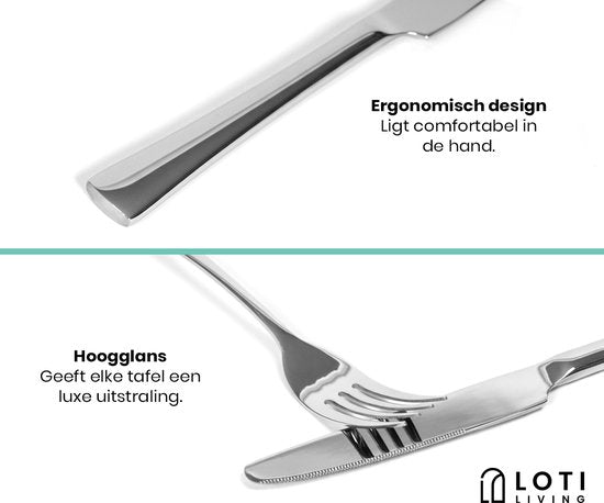 Loti Living Set de couverts 30 pièces - 6 personnes - Set de couverts 6 personnes - Cuillères, couteaux, fourchettes, fourchettes à gâteau - Couverts lavables au lave-vaisselle - Acier inoxydable de haute qualité - acier inoxydable