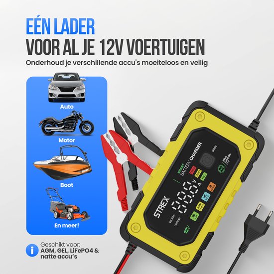 Chargeur de batterie Strex 12V 7A - Chargeur rapide et goutte à goutte avec écran LCD - Pour voiture, moto, bateau et batteries AGM/plomb - Mode réparation