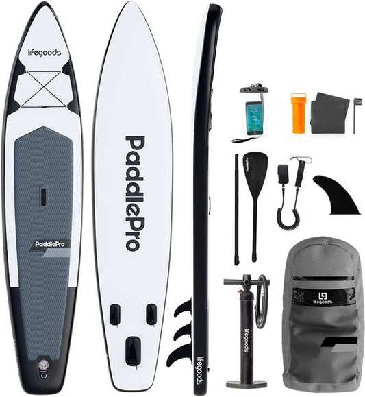 LifeGoods SUP Board Touring - Capacité de charge 165 KG - 365 x 76 cm - Gonflable - Pack Sup complet - Blanc/Noir