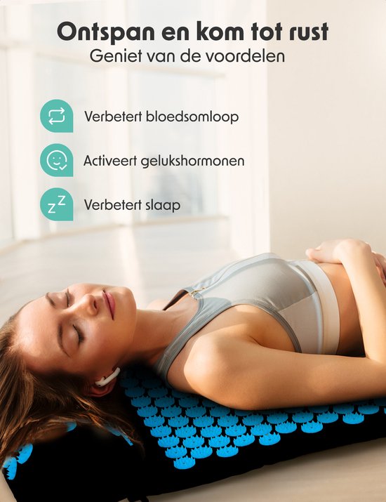 Tapis d'acupression avec coussin - LifeGoods - Tapis Shakti - Tapis avec 2 balles pour les points de déclenchement - 66x40x2cm - Noir/Turquoise