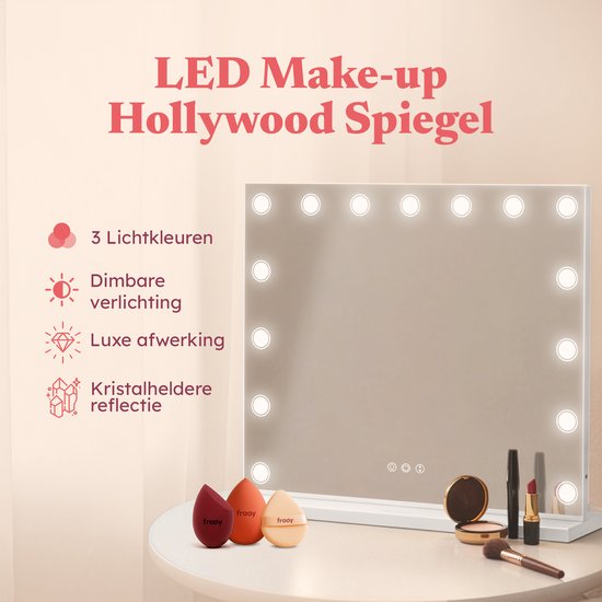 Fraay® Hollywood Mirror with Lighting 60x50cm - 3 Light modes - Make-up Mirror with 10x Magnification Mirror - LED Dots Lighting Dimmable - Incl. 2 Beauty Blenders and Powder puff