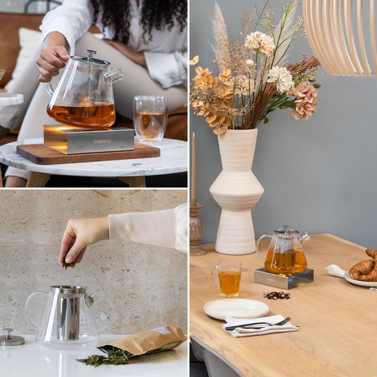 Deleca Théière en verre Clarity - Avec filtre en acier inoxydable et chauffe-plat - Pour thé en vrac / fleurs de thé - Cadeau de Noël - Verre borosilicaté / 1.5L
