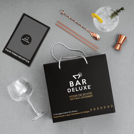 BarDeluxe® Verres à Gin Tonic - 500ml - Coffret Gin Tonic - Soufflé à la main - Verres à Gin - 2 pièces - Coffret Gin - Cristal - Cadeau pour femme - Cadeau pour homme - Comprend 2 verres à Gin, une cuillère à Gin Tonic, une tasse à mesurer, 2 pailles en
