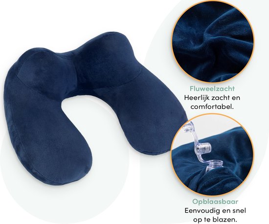 Oreiller cervical gonflable 3 en 1 avec sac de rangement - Oreiller d'avion - Oreiller de voyage - Velours - Forme en U - Masque de sommeil et bouchons d'oreille inclus - Bleu