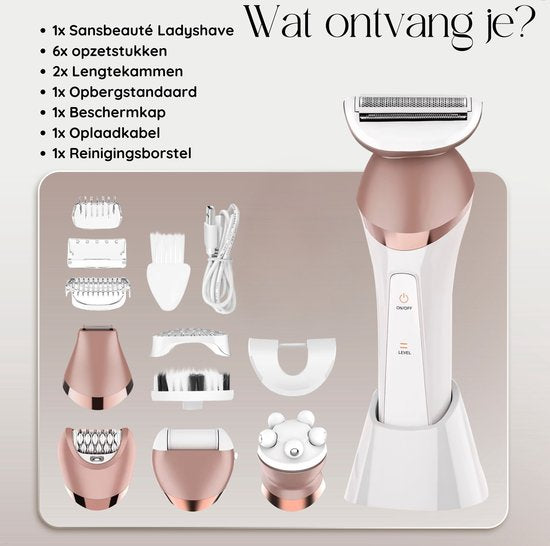 Sansbeauté® 6-in-1 Rasage Femme Visage - Aisselles - Jambes - Maillot - Rasoir Femme - Epilateur - Epilateur Femme - Tondeuse Femme - Tondeuse Bikini - USB Rechargeable