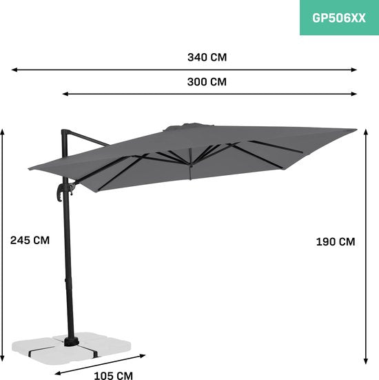 Parasol flottant Premium VONROC - Pisogne 300x300cm - Base transversale et housse de protection incluses - Parasol carré - Rotation 360° - Inclinaison - Toile résistante aux UV - Gris