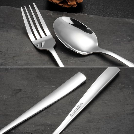 Deleca 8 Person Cutlery Set Essential (48 pieces) - Spoons, Knives, Forks, Steak Knives & Pastry Forks - Dishher Safe Cutlery - Shiny Silver / Stainless Steel