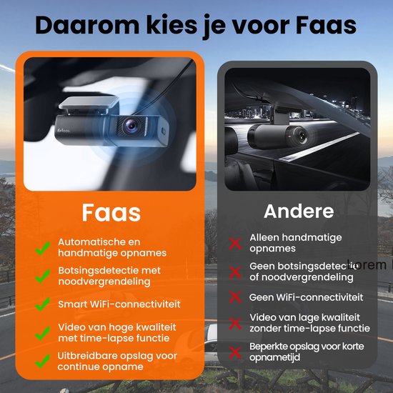 Dashcam pour voiture avant et arrière - 4K et 64GB - Double Dashcam - Capteur G et fonction Time-lapse - Noir - by Faas