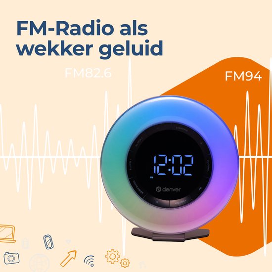Denver Wake Up Light - Radio-réveil FM - Snooze - Réveil lumineux - Bruit blanc - CRL342