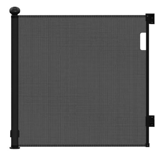 Vulpes Goods® - Porte d'escalier enroulable® - 145 x 84 cm - équipée d'une sécurité enfant Push-En-Lock, d'un indicateur de couleur et d'une commande à une main - pour les enfants et les animaux de compagnie - plastique noir et grillage