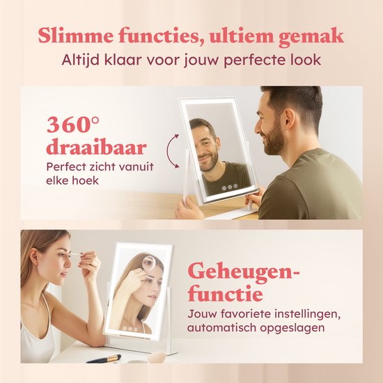 Fraay® Hollywood Mirror with Lighting 41x30cm - 3 Light Stages - Make-up Mirror with 10x Magnification Mirror - LED Strip Lighting Dimmable - Incl. Beauty Blenders and Powder puff