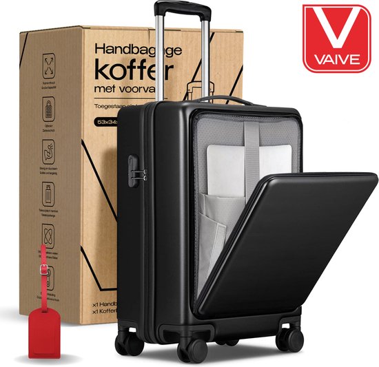 VAIVE Hand Luggage Suitcase With Front Pocket - 43L Suitcase - Lightweight Trolley - Black
