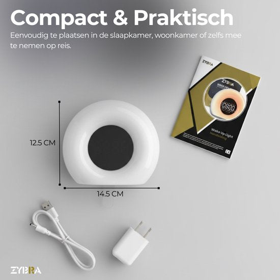 Zybra® Premium Wake Up Light - Réveil numérique - Alarme lumineuse - Veilleuse - Réveil - 20 niveaux de luminosité - 25 sons de bruit blanc - Manuel néerlandais inclus