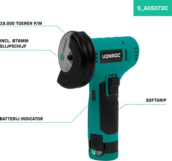 VONROC Battery Angle Grinder 12V - Incl. Battery, usb-c cable and grinding wheel